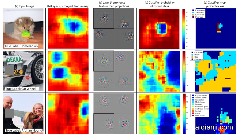 Three test examples where we systematically cover up different portions
of the scene with a gray square (1st column) and see how the top
(layer 5) feature maps ((b) & (c)) and classifier output ((d) & (e)) changes. (b): for each
position of the gray scale, we record the total activation in one
layer 5 feature map (the one with the strongest response in the
unoccluded image). (c): a visualization of this feature map projected
down into the input image (black square), along with visualizations of
this map from other images. The first row example shows the strongest feature
to be the dog’s face. When this is covered-up the activity in the
feature map decreases (blue area in (b)). (d): a map of correct class
probability, as a function of the position of the gray
square. E.g. when the dog’s face is obscured, the probability for
“pomeranian” drops significantly. (e): the most probable label as a
function of occluder position. E.g. in the 1st row, for most locations
it is “pomeranian”, but if the dog’s face is obscured but not the
ball, then it predicts “tennis ball”. In the 2nd example, text on
the car is the strongest feature in layer 5, but the classifier is
most sensitive to the wheel. The 3rd example contains multiple
objects. The strongest feature in layer 5 picks out the faces, but the
classifier is sensitive to the dog (blue region in (d)),
since it uses multiple feature maps.