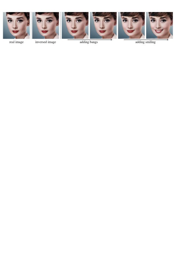 Given a real image, we first inverse the image and find its corresponding latent code in latent space. We firstly add bangs and then add smiling.